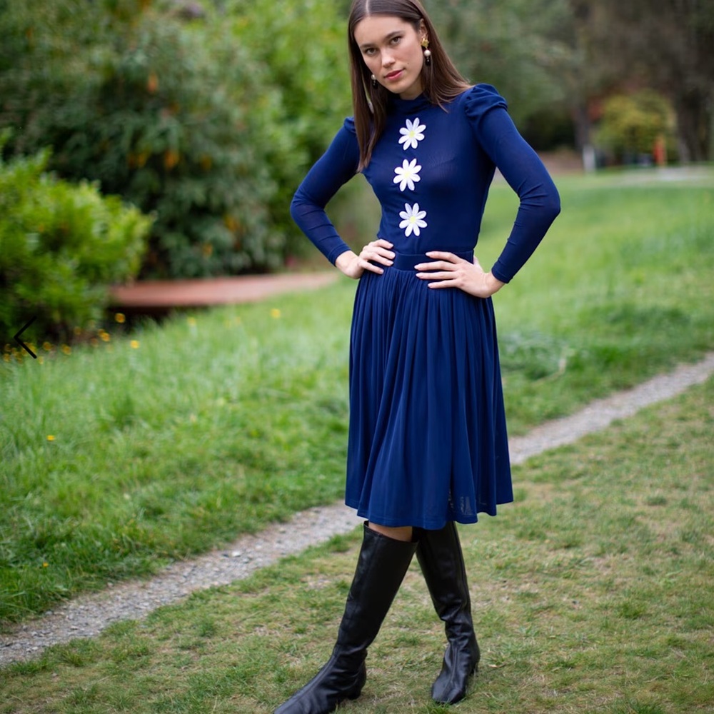KristinIt Anthro Floral Long Sleeve Top Midi Skirt 2 pc Set Navy Blue * Large